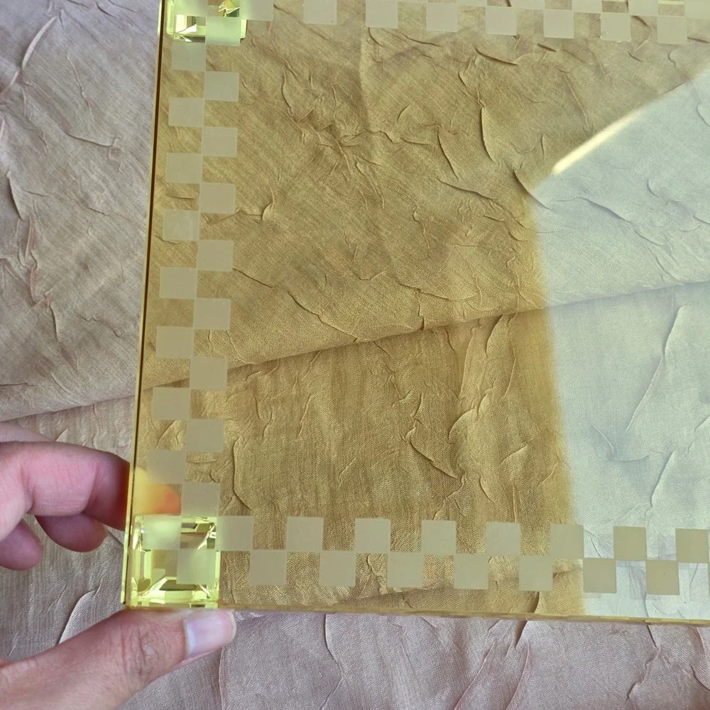 Oleg Cassini yellow glass crystal Vanity dresser Tray Checkerboard trivet Vtg